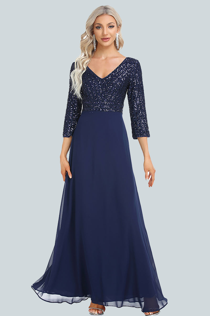 Load image into Gallery viewer, Sparkly V-Neck Sequins Navy Long Formal Dress with Sleeves