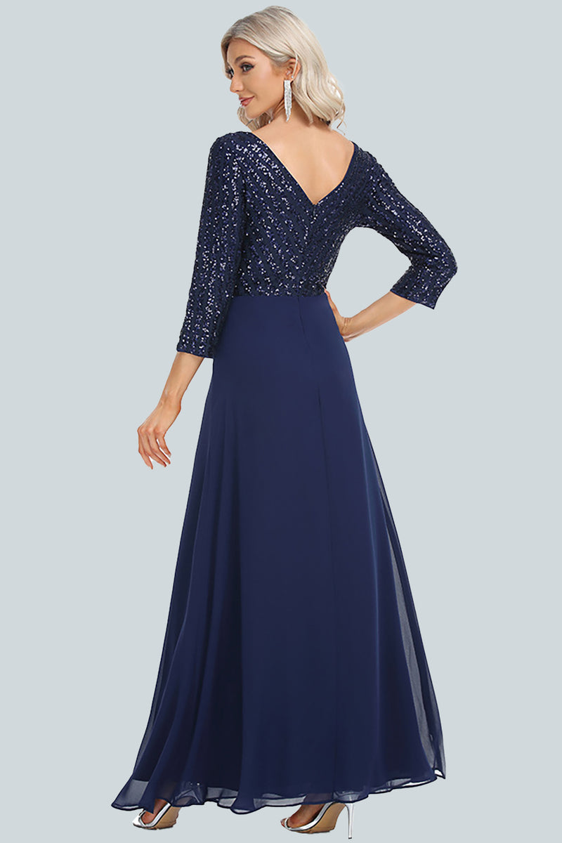 Load image into Gallery viewer, Sparkly V-Neck Sequins Navy Long Formal Dress with Sleeves