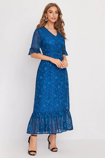 V-Neck Printed Blue Long Formal Dress with Sleeves