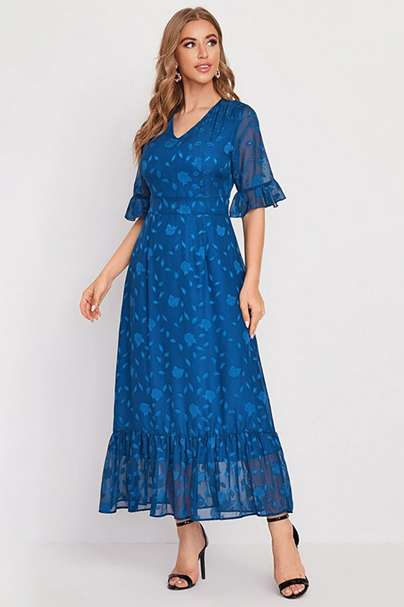 Load image into Gallery viewer, V-Neck Printed Blue Long Formal Dress with Sleeves