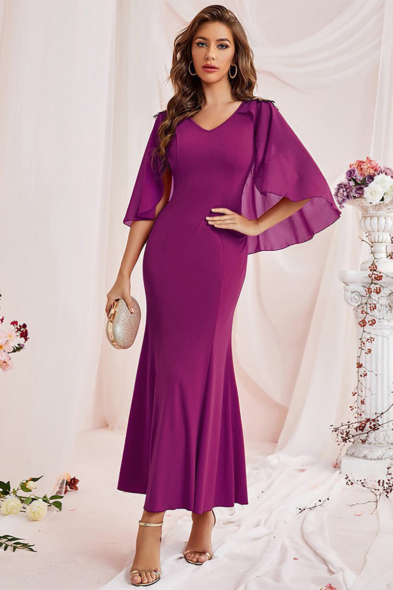 Load image into Gallery viewer, V-Neck Sheath Purple Long Formal Dress with Cape