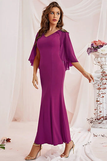 V-Neck Sheath Purple Long Formal Dress with Cape