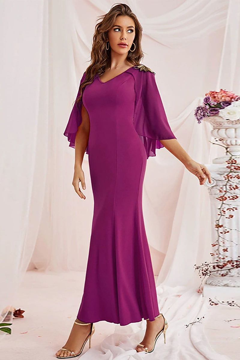 Load image into Gallery viewer, V-Neck Sheath Purple Long Formal Dress with Cape