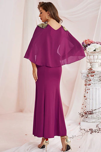 V-Neck Sheath Purple Long Formal Dress with Cape