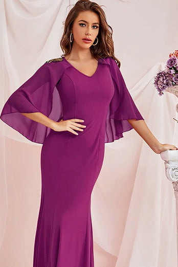 V-Neck Sheath Purple Long Formal Dress with Cape