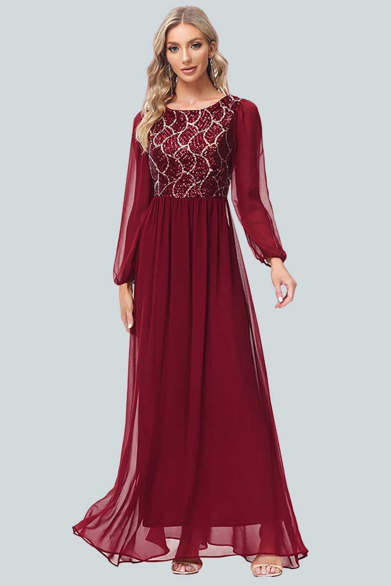 Load image into Gallery viewer, Sparkly V-Neck Sequins Burgundy Long Formal Dress with Sleeves