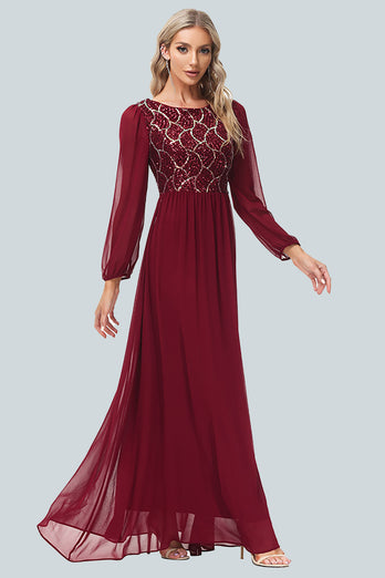 Sparkly V-Neck Sequins Burgundy Long Formal Dress with Sleeves