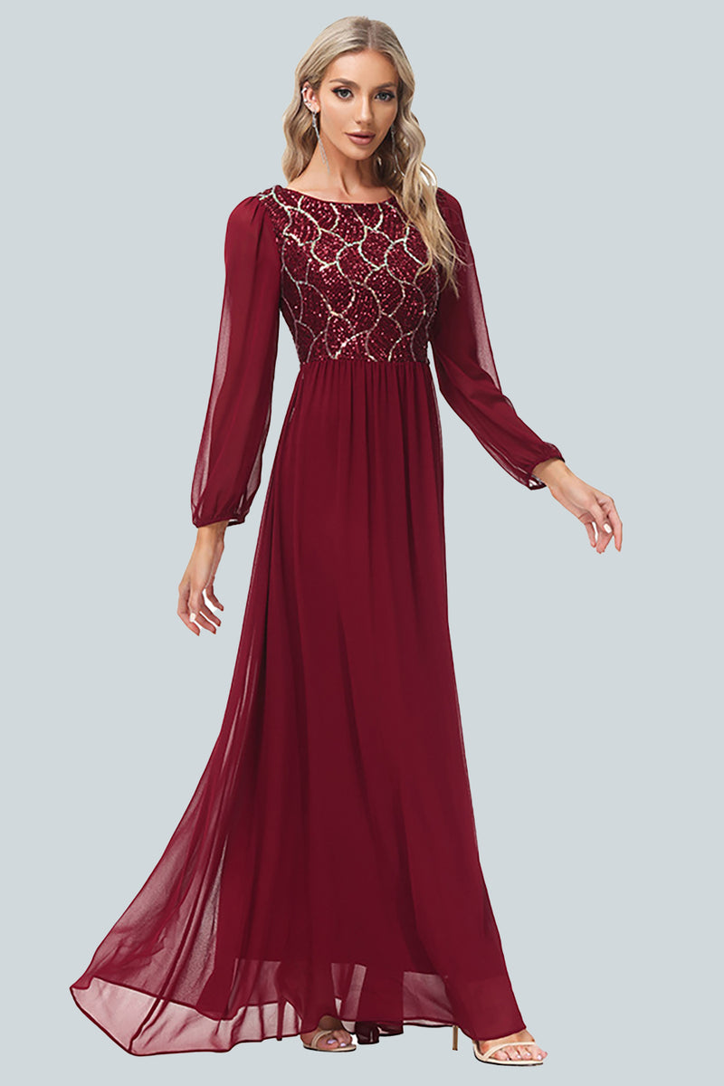 Load image into Gallery viewer, Sparkly V-Neck Sequins Burgundy Long Formal Dress with Sleeves