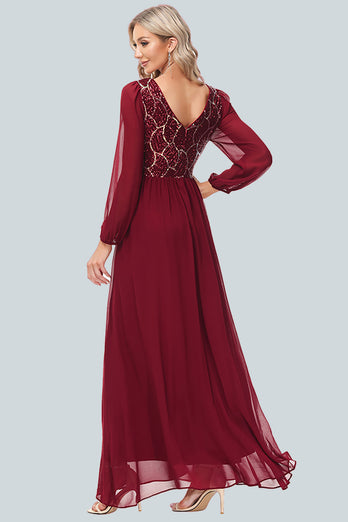 Sparkly V-Neck Sequins Burgundy Long Formal Dress with Sleeves