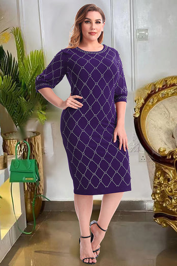 Plus Size Round Neck Purple Mother of The Bride Dress with Sleeves