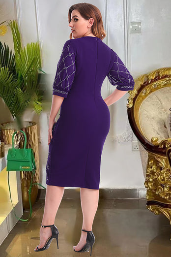 Plus Size Round Neck Purple Mother of The Bride Dress with Sleeves