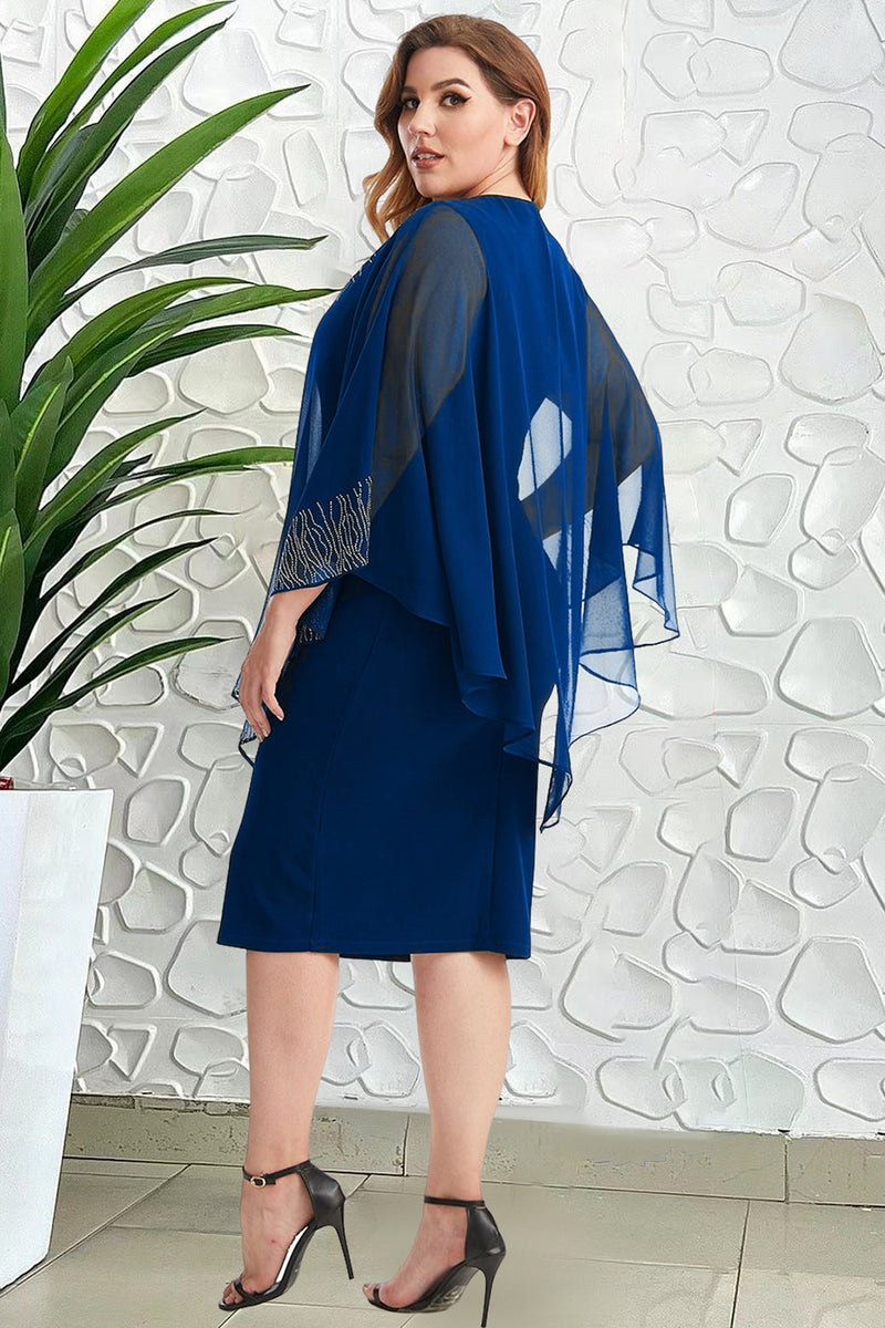 Load image into Gallery viewer, Plus Size Round Neck Navy Mother of The Bride Dress with Cape