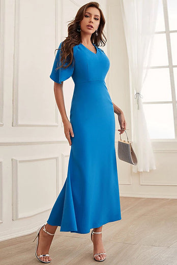 Sheath V-Neck Blue Formal Dress with Sleeves