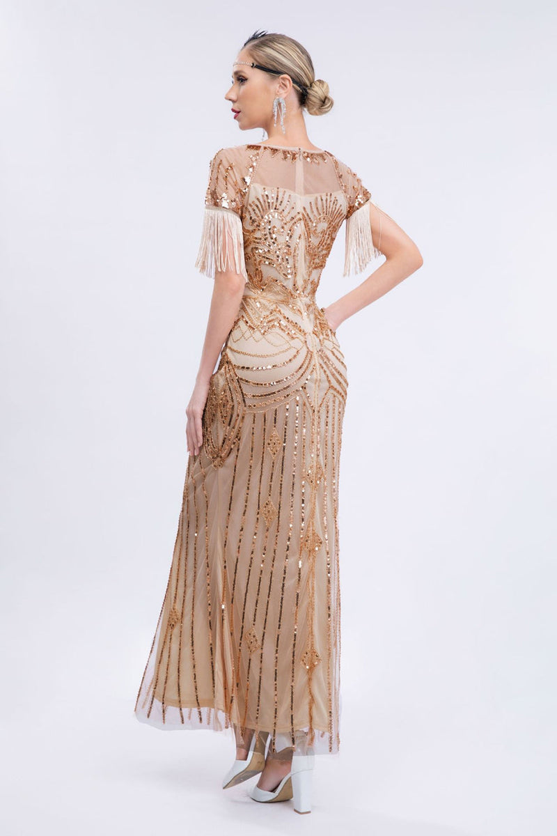 Load image into Gallery viewer, Fringes Glitter Long Flapper Dress with Short Sleeves