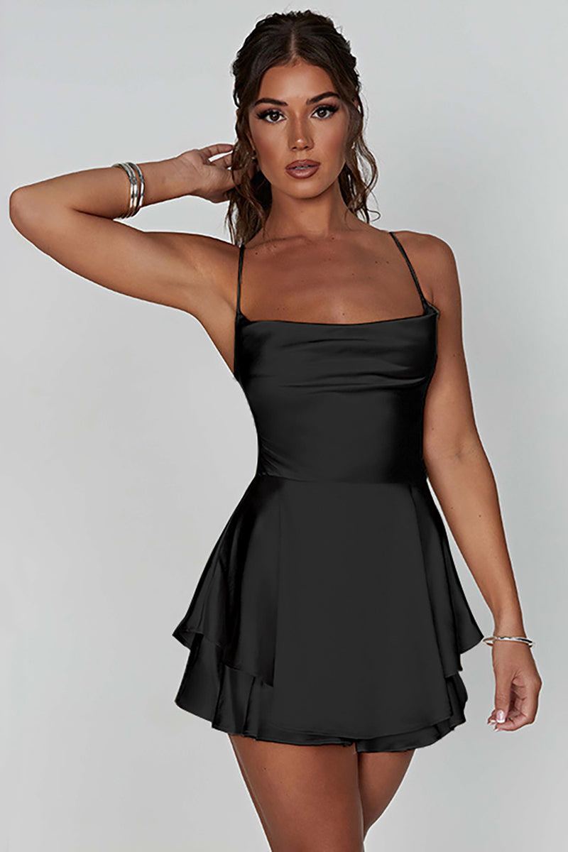 Load image into Gallery viewer, Black A-line Satin Tiered Short Formal Dress