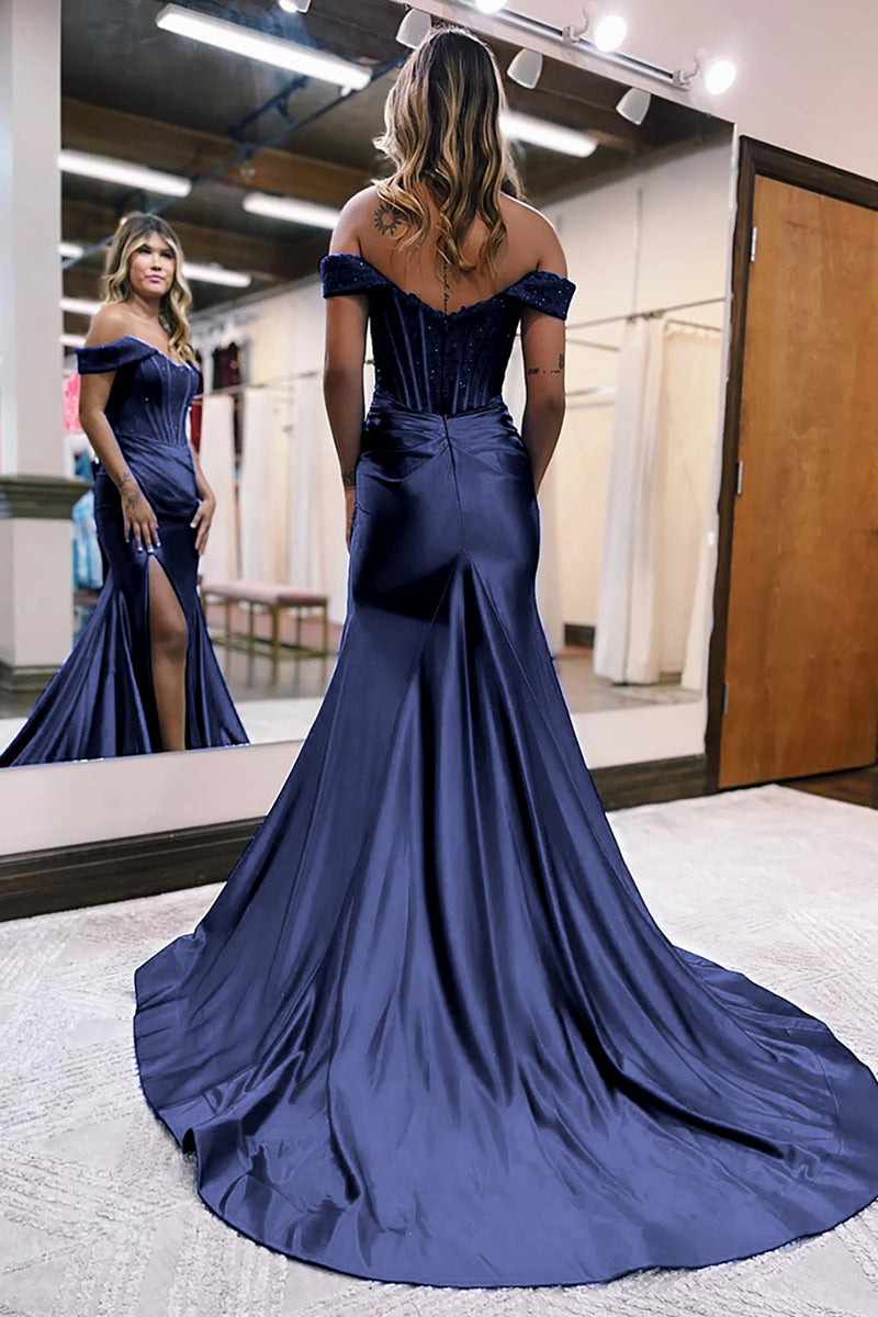 Load image into Gallery viewer, Sparkly Royal Blue Corset Mermaid Long Formal Dress with Slit