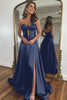 Load image into Gallery viewer, Royal Blue A-Line Corset Satin Long Formal Dress with Slit
