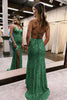 Load image into Gallery viewer, Sparkly Dark Green Open Back Sequins Long Formal Dress with Slit