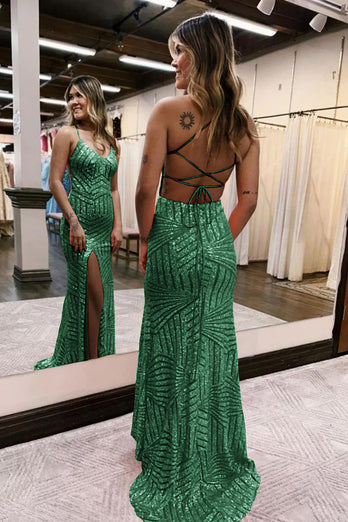 Sparkly Dark Green Open Back Sequins Long Formal Dress with Slit