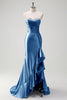 Load image into Gallery viewer, Sparkly Grey Blue Corset Long Satin Formal Dress with Ruffles Slit