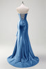 Load image into Gallery viewer, Sparkly Grey Blue Corset Long Satin Formal Dress with Ruffles Slit