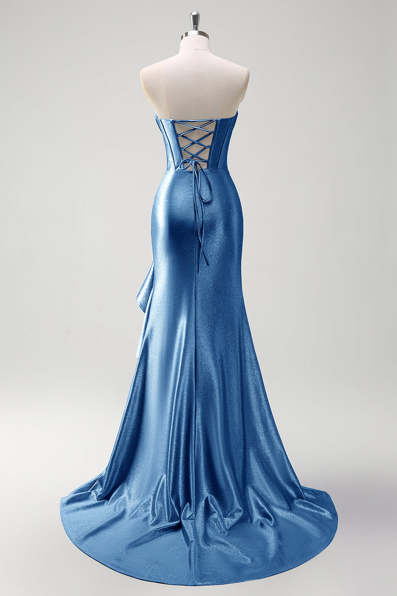 Load image into Gallery viewer, Sparkly Grey Blue Corset Long Satin Formal Dress with Ruffles Slit