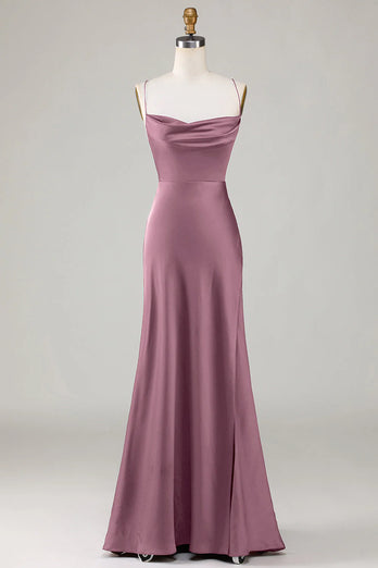 Lace-Up Back Burgundy Long Bridesmaid Dress with Slit