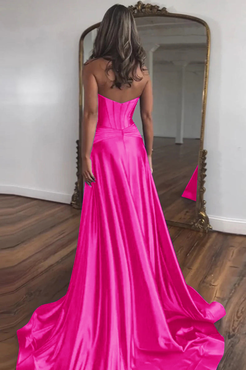 Load image into Gallery viewer, Fuchsia  A-Line Corset Satin Long Formal Dress with Slit