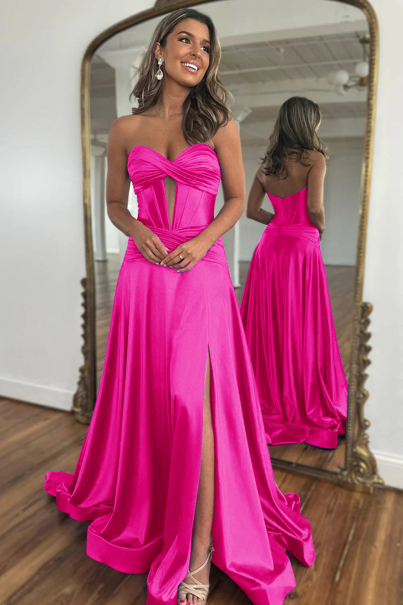 Load image into Gallery viewer, Fuchsia  A-Line Corset Satin Long Formal Dress with Slit