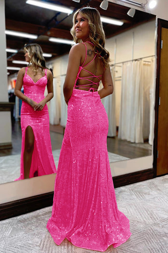 Glitter Black Beaded Mermaid Lace-Up Long Formal Dress with Slit