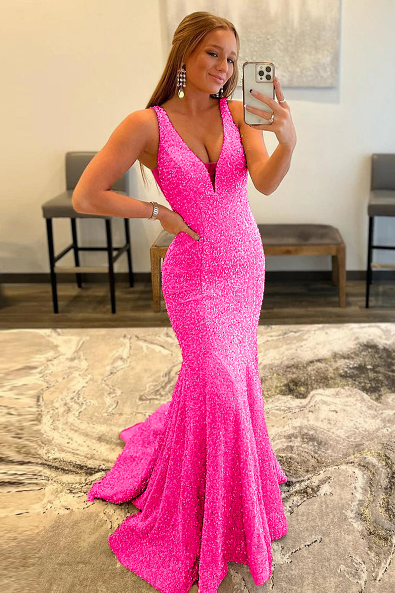 Load image into Gallery viewer, Light Pink Deep V Neck Mermaid Formal Dress