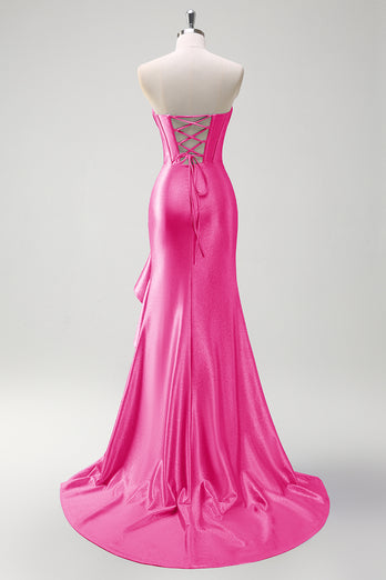 Sparkly Pink Corset Long Satin Formal Dress with Ruffles Slit