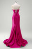 Load image into Gallery viewer, Sparkly Fuchsia Sweetheart Corset Long Satin Formal Dress with Slit