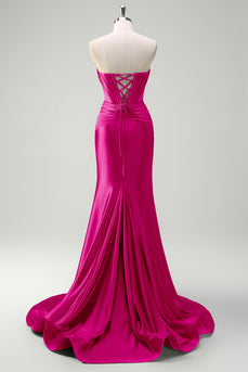 Sparkly Fuchsia Sweetheart Corset Long Satin Formal Dress with Slit