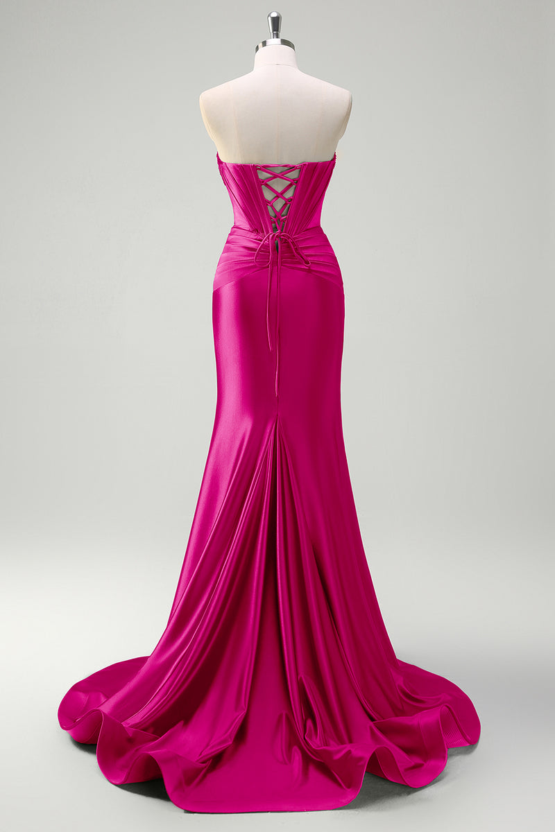 Load image into Gallery viewer, Sparkly Fuchsia Sweetheart Corset Long Satin Formal Dress with Slit