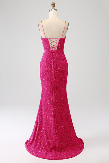 Hot Pink Sequins Glitter Formal Dress with Slit