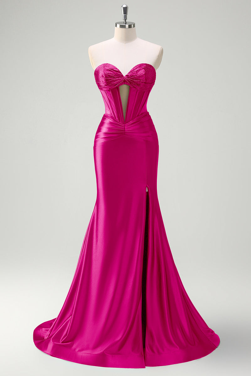 Load image into Gallery viewer, Sparkly Fuchsia Sweetheart Corset Long Satin Formal Dress with Slit