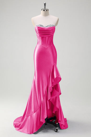 Sparkly Pink Corset Long Satin Formal Dress with Ruffles Slit