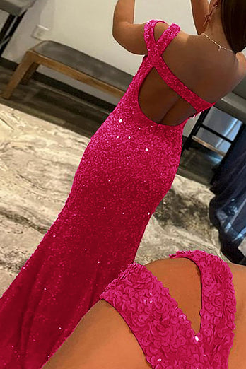 Fuchsia One Shoulder Sequins Formal Dress