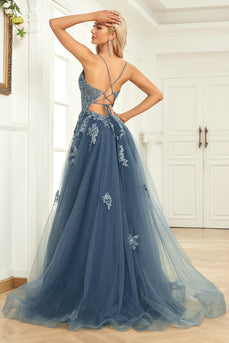 Spaghetti Straps Grey Blue Lace-Up Back Long Formal Dress with Appliques