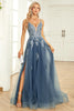 Load image into Gallery viewer, Spaghetti Straps Grey Blue Lace-Up Back Long Formal Dress with Appliques