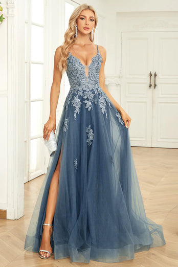 Spaghetti Straps Grey Blue Lace-Up Back Long Formal Dress with Appliques