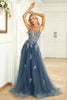 Load image into Gallery viewer, Spaghetti Straps Grey Blue Lace-Up Back Long Formal Dress with Appliques