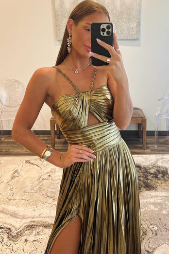 Sparkly Golden A Line Backless Long Formal Dress With Slit