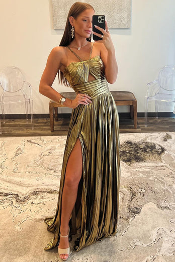 Sparkly Golden A Line Backless Long Formal Dress With Slit