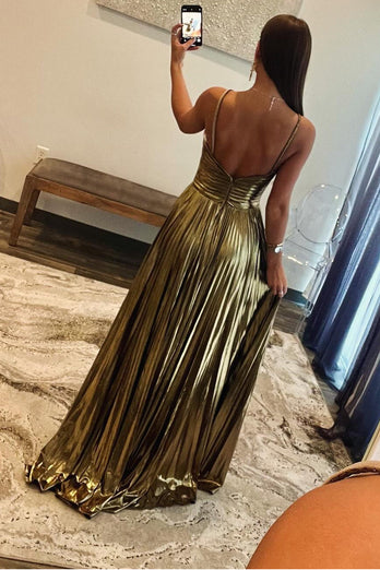 Sparkly Golden A Line Backless Long Formal Dress With Slit