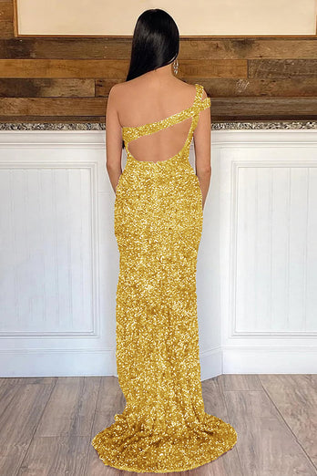 Sheath One Shoulder Orange Sequins Long Formal Dress