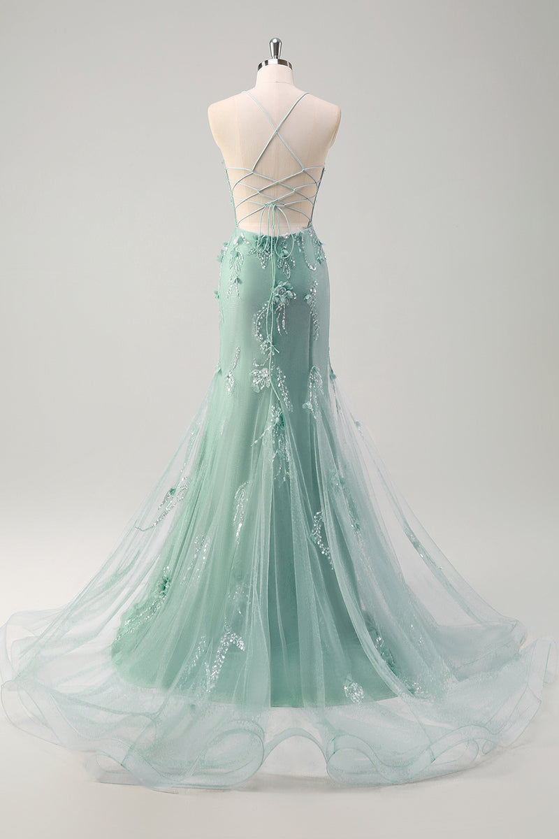 Load image into Gallery viewer, Blue Corset Spaghetti Straps Tulle Long Formal Dress with 3D Flowers