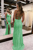 Load image into Gallery viewer, Sparkly Dark Green Open Back Sequins Long Formal Dress with Slit