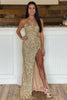 Load image into Gallery viewer, Sparkly Golden Mermaid Backless Long Formal Dress with Slit